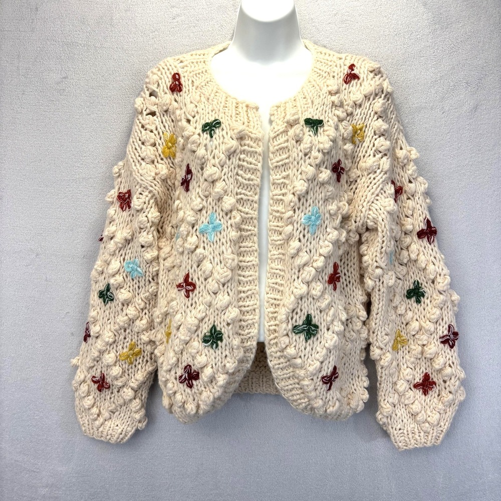 SAACHI Aria Anthropologie Popcorn Knit Cardigan Sweater S Chunky Rainbow Cottage